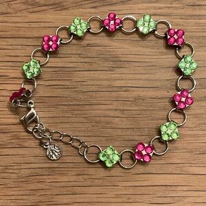 FAC Signed Silver Tone Pink and Lime Crystal Flower Bracelet